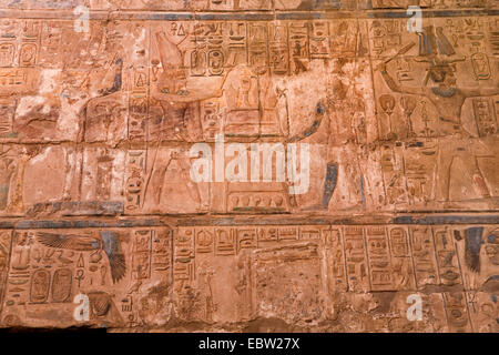 Rilievo murale e resti di vernice al Tempio di Luxor, EGITTO Luxor Foto Stock