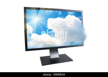 Monitor LCD con sole e nuvole esterno isolato su bianco Foto Stock