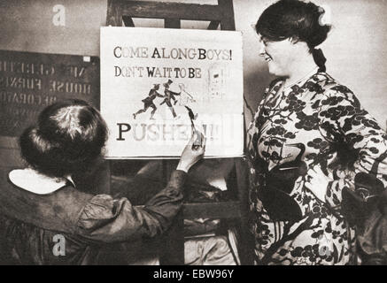 Una giovane ragazza durante la Prima Guerra Mondiale la verniciatura di un poster di assunzione che legge ' vieni boys, non aspettare di essere spinto' Foto Stock