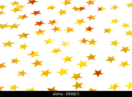 Bellissimo sfondo stellato, molte piccole stelle dorate su sfondo bianco, tradizionali decorazioni di Natale Foto Stock