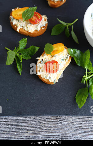 Bruschetta con la maionese e basilico, cibo close-up Foto Stock