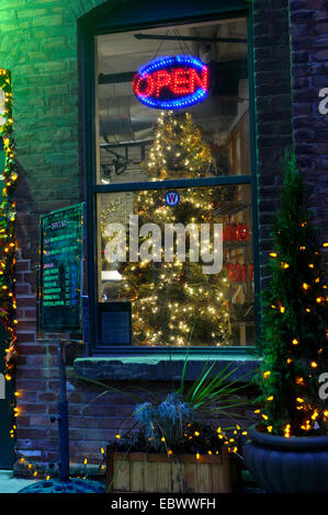 Aprire cafe con un albero di Natale in una fredda notte invernale, Canada Ontario, Toronto Foto Stock
