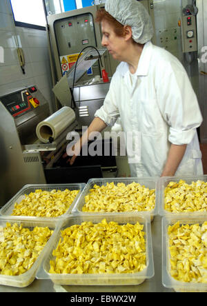 Donna che lavorano nella fabbrica di cibo per i ravioli Foto Stock