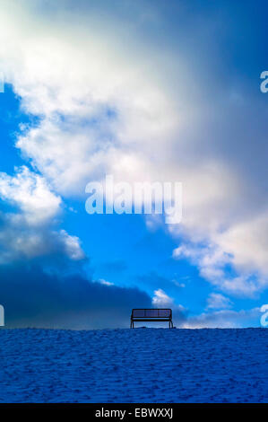 Panca sulla sommità di una coperta di neve del mare del Nord dyke, Germania, Bassa Sassonia, Landkreis Cuxhaven, Dorum-Neufeld Foto Stock