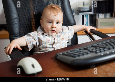 Poco, dieci mesi old boy in una sedia girevole in un ufficio Foto Stock