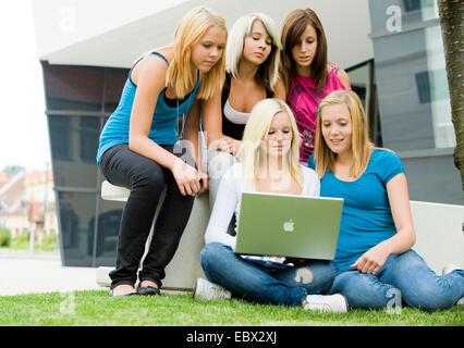 Cinque ragazze giovani riuniti attorno a un computer portatile guardando lo schermo con un sorriso Foto Stock