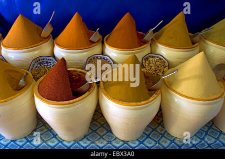 Pentole di creta con diverse spezie al mercato delle spezie, Tunisia, Djerba Foto Stock