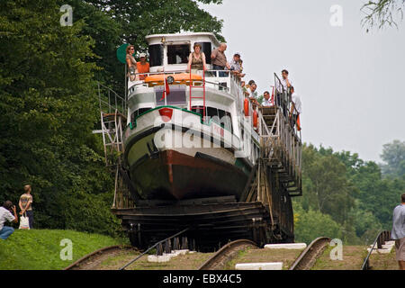 Nave turistica a Elblag Canal trasportati oltre il piano inclinato su un carrello ferroviario girare solo mediante il potere di acqua, Polonia, Ermland-Masuren Foto Stock