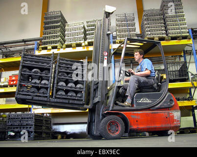 Carrello elevatore a forche in una sala di deposito Foto Stock