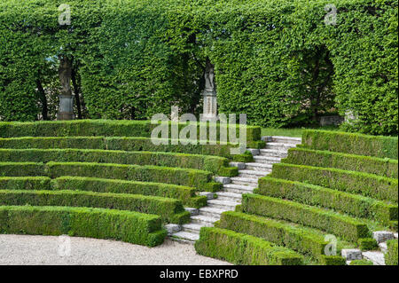 Siepi di scatola e carpino perfettamente tagliate formano il teatro verde 18c disegnato da Luigi Trezza, a Villa Rizzardi, Negrar, Veneto, Italia Foto Stock