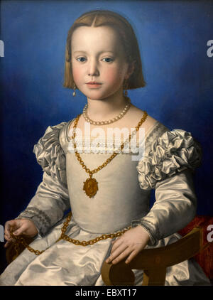 Firenze. L'Italia. Galleria degli Uffizi. Ritratto di Bia de' Medici come un bambino, da Agnolo Bronzino, 1542, Olio su legno. Galleria degli Uffizi. Foto Stock