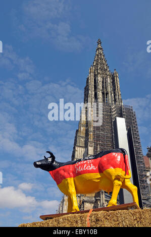 Protesta dei produttori di latte con una vacca artificiale per maggiori prezzi del latte, Ulmer Munster, Cattedrale di Ulm, in background, GERMANIA Baden-Wuerttemberg, Ulm Foto Stock