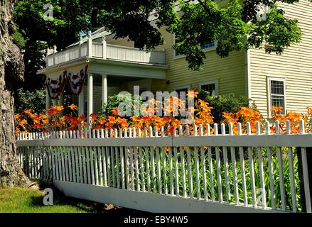 FITZWILLIAM, New Hampshire: Arancione giorno Lillies e il Fitzwilliam biblioteca pubblica Foto Stock