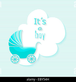 Doccia baby boy invito scheda con passeggino blu design illustrazione. EPS10 file vettoriale organizzati in strati per operazioni di editing semplici. Foto Stock