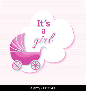 Baby shower girl invito scheda con passeggino rosa design illustrazione. EPS10 file vettoriale organizzati in strati per operazioni di editing semplici. Foto Stock