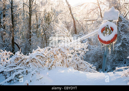 Orange salvagente coperte di neve e ghiaccio nei pressi di forest creek in inverno Foto Stock