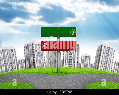 Percorso vuoto puntatore contro edifici ad alta, terra curvo Foto Stock