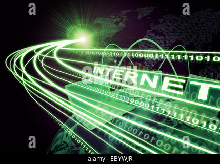 Messa a terra, laptop, continenti, fasci di luce, cifre e word internet su sfondo scuro Foto Stock