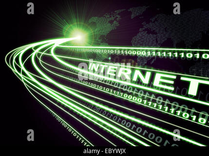 Messa a terra, continenti, fasci di luce, cifre e word internet su sfondo scuro Foto Stock