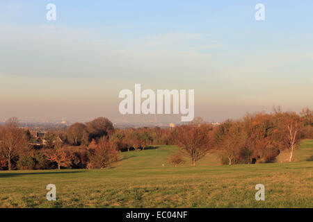 Londra, Inghilterra, Regno Unito. Il 6 dicembre 2014. Dopo una bella, secco e windless giorno un marrone coltre di smog era visibile sopra la skyline di Londra come si vede qui guardando a nord da Epsom Downs nel Surrey. Il coccio è l'edificio appuntito visibile al centro dell'immagine. Credito: Julia Gavin UK/Alamy Live News Foto Stock