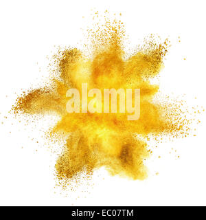 Polvere gialla esplosione isolati su sfondo bianco Foto Stock