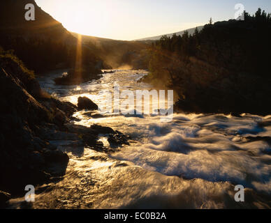 Sun vette oltre l'orizzonte per illuminare le impetuose acque del torrente Swiftcurrent. Il Parco Nazionale di Glacier, Montana Foto Stock