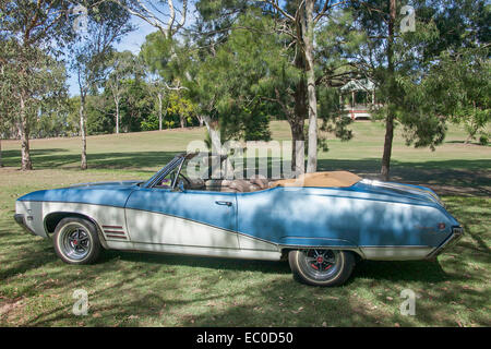 Classic American car, blue & white convertibile porta 2 Buick Skylark in perfette condizioni con il cofano verso il basso sui prati da alberi di ombreggiatura Foto Stock