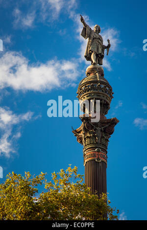Christopher Columbus statua lungo la banchina a Barcellona, in Catalogna, Spagna Foto Stock