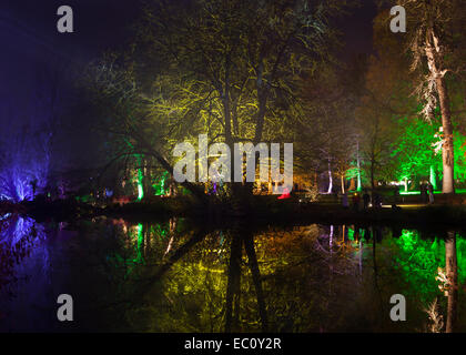 Bosco Incantato - tempo di notte le illuminazioni del parco, lago e alberi a Syon Park a Brentford, Londra Foto Stock