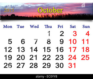 Calendario per il mese di ottobre del 2015 con il nastro di muschio e foglie Foto Stock
