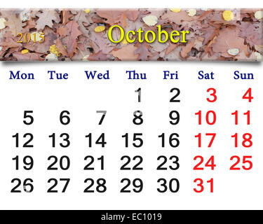 Calendario per il mese di ottobre del 2015 con il nastro di foglie di giallo Foto Stock