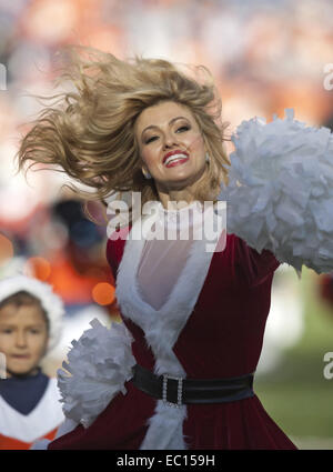 Denver, Colorado, Stati Uniti d'America. Il 7 dicembre, 2014. A Denver Broncos Cheerleader intrattiene la folla durante l'inizio dell'avvio del 1st. Mezza a autorità sportive Field at Mile High domenica pomeriggio. I Broncos battere le bollette 24-17. Credito: Hector Acevedo/ZUMA filo/Alamy Live News Foto Stock