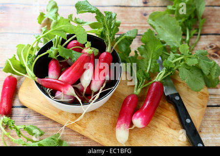 Ravanelli freschi in un recipiente su un tagliere, cibo gustoso Foto Stock