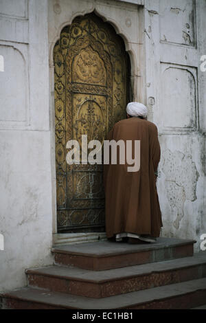Irriconoscibile l uomo del peering attraverso la porta aperta al Taj Mahal, India. Gennaio 2014. Foto Stock