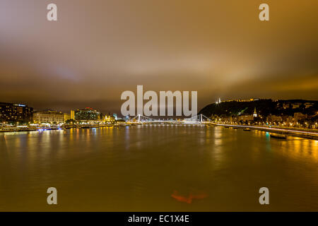 Di notte vista su Budapest con il ponte Elisabetta e la Collina di Gellert Foto Stock