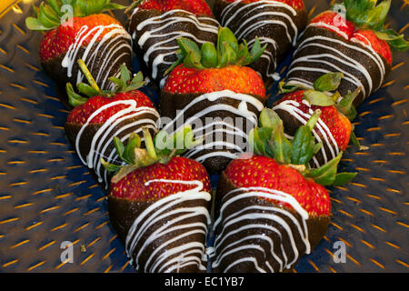 Piatto da dessert con fragole ricoperte di cioccolata Foto Stock