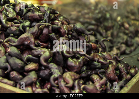 Le castagne d'acqua presso un fornitore nel mercato tradizionale Foto Stock