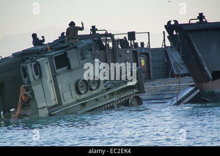 Gibilterra. 8 dicembre, 2014. Foto di veicoli pesanti, carri armati e mestieri trasferiti dalla spiaggia orientale di HMS baluardo appena fuori dalla spiaggia orientale. La Royal Navy flagship HMS baluardo arrivati a Gibilterra oggi lunedì mattina. Dopo una breve visita alla Baia di Gibilterra è intitolata al lato est della roccia. A partire dalla mattina si sono ancorate al largo di spiaggia orientale e ha iniziato a l effettuare alcuni trasferimenti in barca come parte di una formazione anfibio di esercizio che sarà condotta con RFA Lyme Bay, il Commandos da Charlie Company. Credito: Stephen Ignacio/Alamy Live News Foto Stock