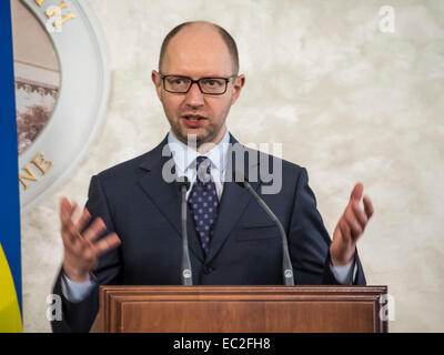 Kiev, Ucraina. 08 dic 2014. Il primo ministro Yatsenyuk -- In Lunedi, 8 dicembre 2014, primo ministro Yatsenyuk si è incontrato con il Vice Primo Ministro e Ministro degli Affari esteri del Regno del Belgio Didier REYNDERS. Ministro degli esteri belga ha assicurato il capo del governo ucraino in un alto livello di fiducia nel nuovo gabinetto e la Verkhovna Rada. Credito: Igor Golovnov/Alamy Live News Foto Stock