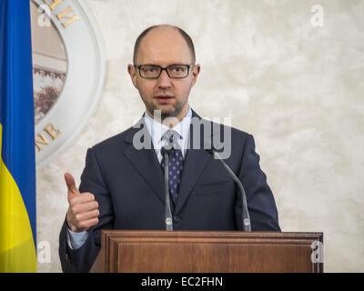 8 dicembre 2014 - Il Primo Ministro Yatsenyuk -- In Lunedi, 8 dicembre 2014, primo ministro Yatsenyuk si è incontrato con il Vice Primo Ministro e Ministro degli Affari esteri del Regno del Belgio Didier REYNDERS. Ministro degli esteri belga ha assicurato il capo del governo ucraino in un alto livello di fiducia nel nuovo gabinetto e la Verkhovna Rada. © Igor Golovniov/ZUMA filo/Alamy Live News Foto Stock