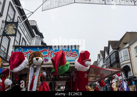 Novità cappelli includente una tigre e Babbo Natale (Santa Claus), per la vendita su un mercato in stallo. Foto Stock