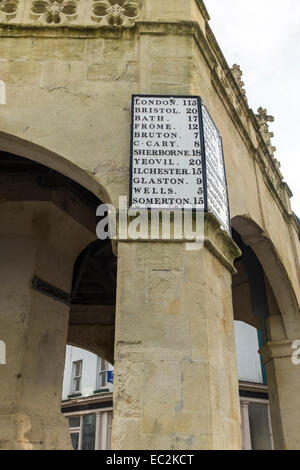 Vecchio Cartello in metallo attaccato al mercato antico Cross a Shepton Mallet, con chilometraggi a città vicine e a Londra. Foto Stock
