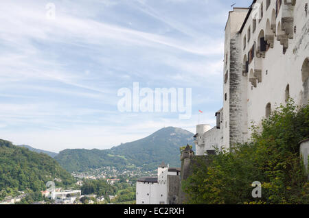 Case nel paesaggio delle Alpi sul verde prato. Foto Stock