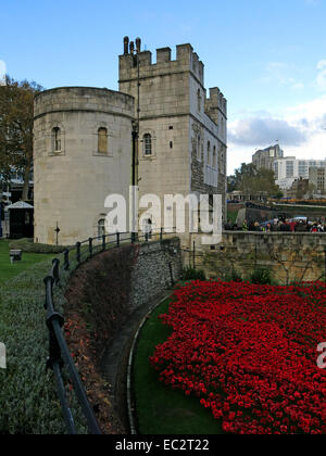 Il sangue spazzata di terre e mari di papaveri rossi, a ovest della Torre di Londra, in Inghilterra, Regno Unito Foto Stock