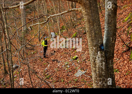 Guida di montagna su un percorso sul Monte Olimpo, Pieria, Macedonia, Grecia Foto Stock