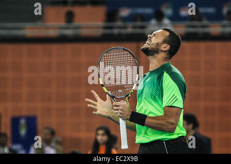 New Delhi, India. L'8 dicembre, 2014. Jo-Wilfried Tsonga di Manila non conformisti reagisce durante la partita contro il Nick Kyrgios di Singapore Slammers alla gamba indiano della International Tennis Premier League in New Delhi, India, 8 dicembre, 2014. Manila non conformisti vinto 23-17. © Zheng Huansong/Xinhua/Alamy Live News Foto Stock