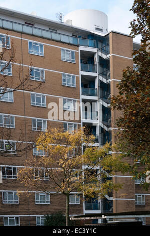 Churchill Gardens appartamenti nella zona di Pimlico, Londra. I tamburi distintivo sul tetto dei blocchi sono per i serbatoi di acqua e sollevare gli alberi a. Foto Stock