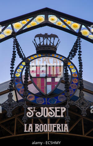 Entrata segno di Sant Josep Mercat, La Boqueria, Barcellona, in Catalogna, Spagna Foto Stock