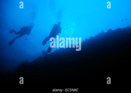 I subacquei andare profondo blu Foto Stock