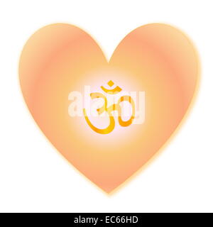 Golden aum nel cuore isolato in uno sfondo bianco Foto Stock